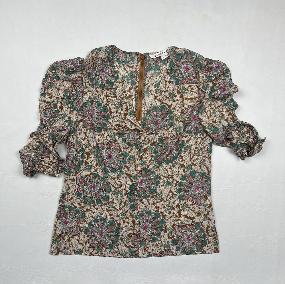Veronica Beard Henrieta Blouse Womens 2 Paisley Ruched Sleeve Top